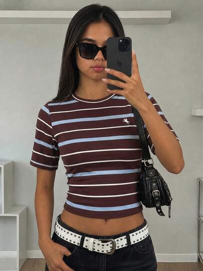 Teen Girl Knit White Cinched Waist Ruched Crew Neck Short Sleeve Cropped Casual T-Shirt