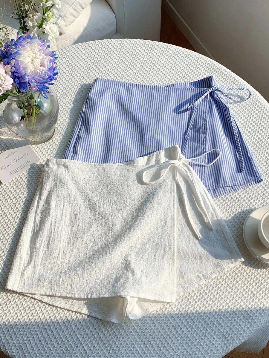 Blue Stripes, Blue And White Two-Piece Set Tween Girls' Side Tie Casual Skirt Pants - Multicolor - View 1