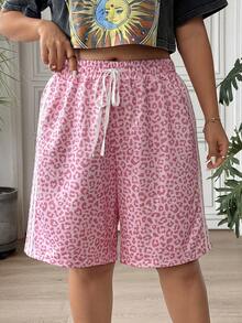 SHEIN EZwear 大码女装夏季休闲运动时尚街头风日常通勤豹纹撞色条纹侧边抽绳腰宽松短裤 - 彩色 - 查看 5