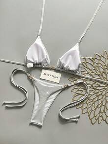 Swim Vcay Women's Solid Color Shiny Fabric Spaghetti Strap Metal Decor Beach Vacation Bikini Set - Silver - View 4