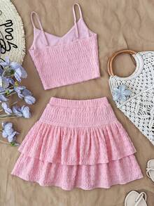 Tween Girls Spring & Summer Blue Jacquard Knit Camisole With Ruffle Hem A-Line Skirt Shorts 2-Piece Outfit, Casual Retro Vacation Set - Multicolor - View 2