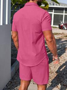 Manfinity Homme Men's Summer Casual Short Sleeve Shirt & Shorts Set - Hot Pink - View 2