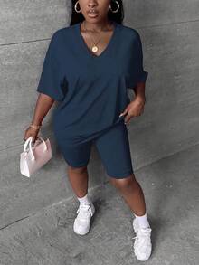 Slaydiva Plus Size Summer Casual Solid Color T-Shirt And Shorts 2 Pieces Set Formal Vacation Navy Blue - Multicolor - View 3