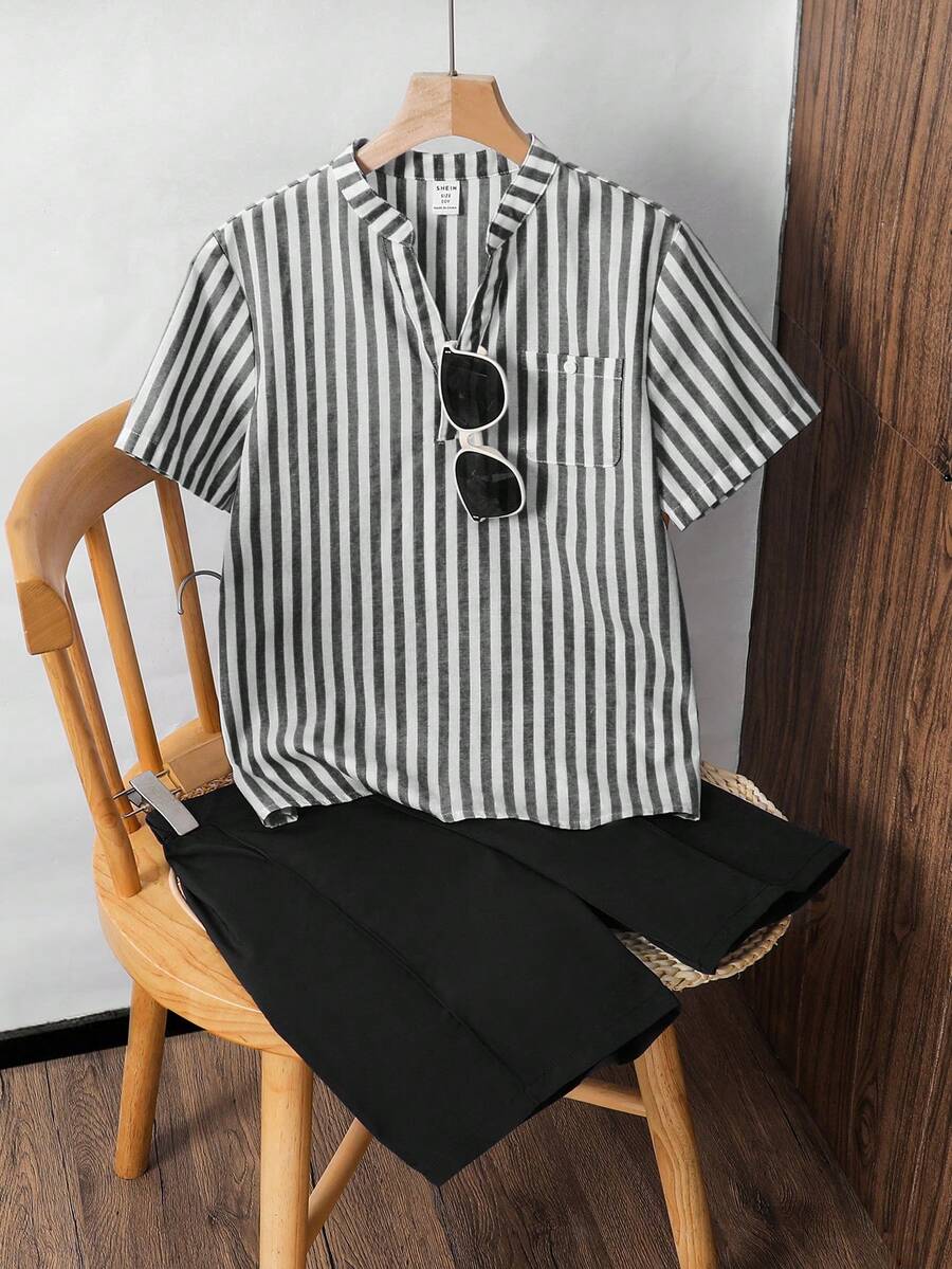SHEIN Set Baju Tari Lengan Pendek Leher V Kasual untuk Anak Laki-Laki Remaja - Hitam - View 1