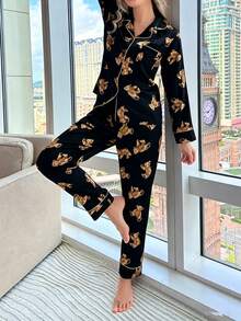 Cartoon Print Contrast Binding PJ Set / Pajama Set, Fall Clothes Cozy And Elegant Details, Winter - Black - View 6