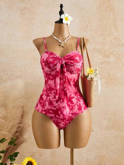 ROMWE Avant Bộ đồ bơi tankini nữ in hoa, xếp ly, gồm áo tankini và quần tankini tam giác, thích hợp cho kỳ nghỉ hè và đi biển.