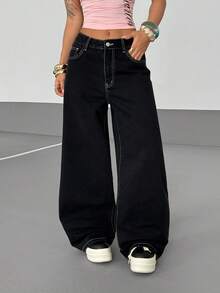 Jeanoix Plus Size Casual Cross Embroidered Wide Leg Jeans - Grey - View 6