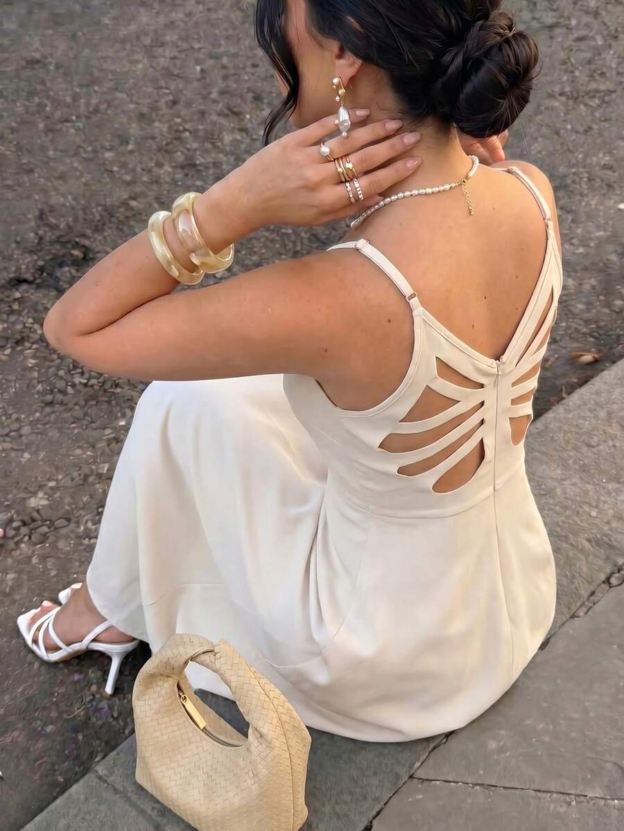 Elenzga New Summer Backless Bowknot Hollow Strap Dress, Elegant Satin Dress For Spring/Summer Travel, Countryside Vacation - Apricot - View 1
