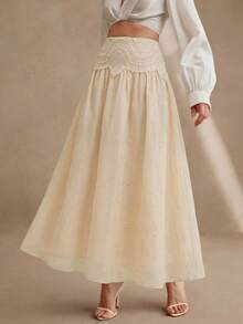 Anewsta New Arrival Spring/Summer Fashionable Elegant Vacation Style Outing Date Festival Water-Soluble Embroidery Flared Maxi Skirt For Women - Apricot - View 6