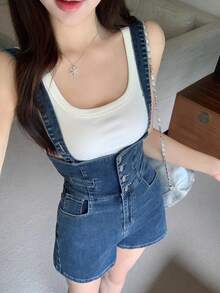 DAZY Spring Summer Distressed Washed Denim Slim Fit Women's Overalls And Jumpsuits Everyday Club Navy Blue Casual Sexy - Blue - View 5