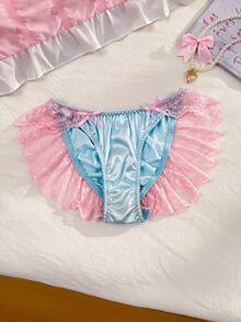 PetitDoll Women's Black And Pink,Cute Satin Briefs,Coquette Doll Style Pleated Ruffle Lace Bow Tie Backless High Waist Scalloped Hem Comfortable Contrast Color - White - View 6