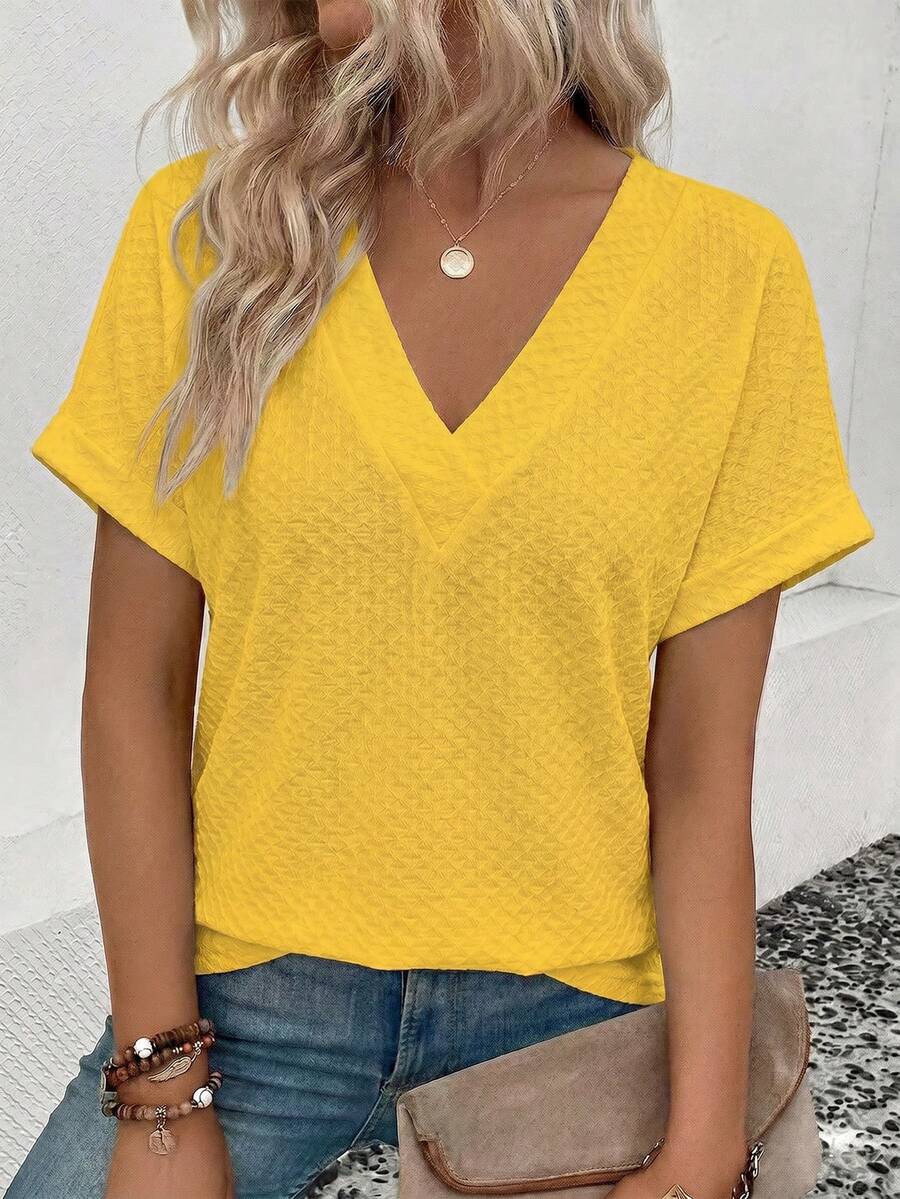 EMERY ROSE Kaos Wanita Lengan Pendek Leher V Warna Polos, Kasual dan Serbaguna - Kuning - View 1