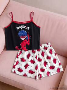 Miraculous Ladybug X SHEIN 少女吊带背心和短裤睡衣套装 - 黑與白 - 查看 1