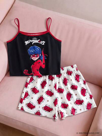 Miraculous Ladybug X SHEIN 少女吊带背心和短裤睡衣套装