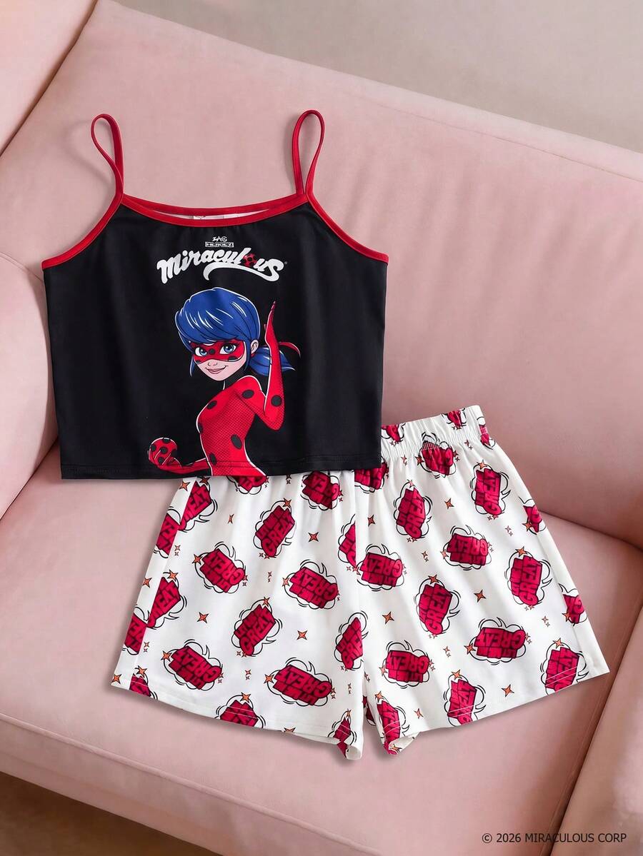 Miraculous Ladybug X SHEIN 少女吊带背心和短裤睡衣套装 - 黑與白 - 查看 1