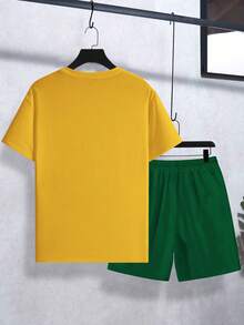 Manfinity Roughcore Men's Loose Fit Drop Shoulder Short Sleeve Casual T-Shirt & Shorts Set, Comfortable For Summer, Holiday - Multicolor - View 3