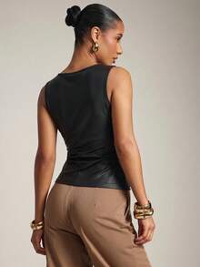 Hauture Women's Basic Casual Office Ruched Shoulder With Gold Decor Cowl Neck Top - Black - View 4