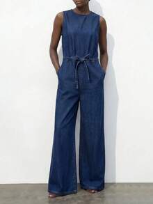 Maija Bộ jumpsuit denim ống rộng không tay, cạp chun, dáng rộng, thoải mái dành cho nữ mùa hè. - Màu xanh lam - Xem 7