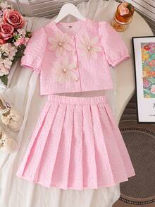 SHEIN Elladie kids 女童两件套：休闲优雅的黄色提花针织上衣，饰有珍珠纽扣，搭配白色亮面提花百褶裙，适合外出穿着。 - 粉色 - 查看 5