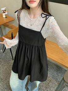 DAZY Women's Solid Color Bow Knot Ruffle Hem Camisole Tank Top, Summer - Black - View 9