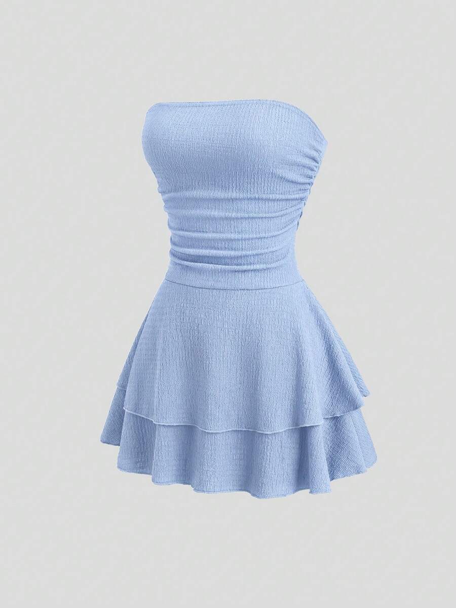 Sweetra Women's New Minimalist Cute Solid Color Strapless Knit Mini Dress, Multi-Layer Cake Dress Vacation Light Blue Summer - Baby Blue - View 1
