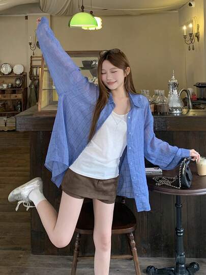 Women's Plaid Long Sleeve Shirt, Korean Style, Spring/Summer
