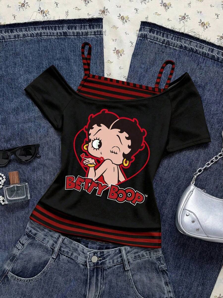 Attitoon Betty Boop x SHEIN 休闲复古朋克 Y2K 百搭派对爱心和英文文字条纹印花图案T恤,音乐节、哥特风、夏季户外穿着,女款撞色短袖T恤,复古时尚 - 彩色 - 查看 1