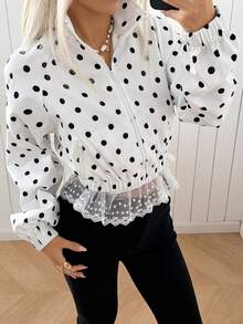 SHEIN EZwear 白色底波点梭织女式插肩袖拉链外套 - 黑與白 - 查看 8