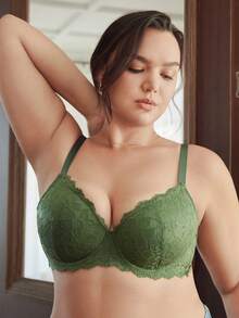 Slumbrini MIMILEMON Green Plus Size Women's Lace Underwire Seamless Lingerie Bra With Full Coverage, Wire-Free Support, Breathable, Daily Wear Seamless Lingerie Bra, Lift - Green - View 7