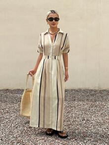 Livesso Damenlanges gestreiftes Kleid mit Revers-V-Ausschnitt und taillierter Taille Sommerkleid - Khaki - Übersicht 3