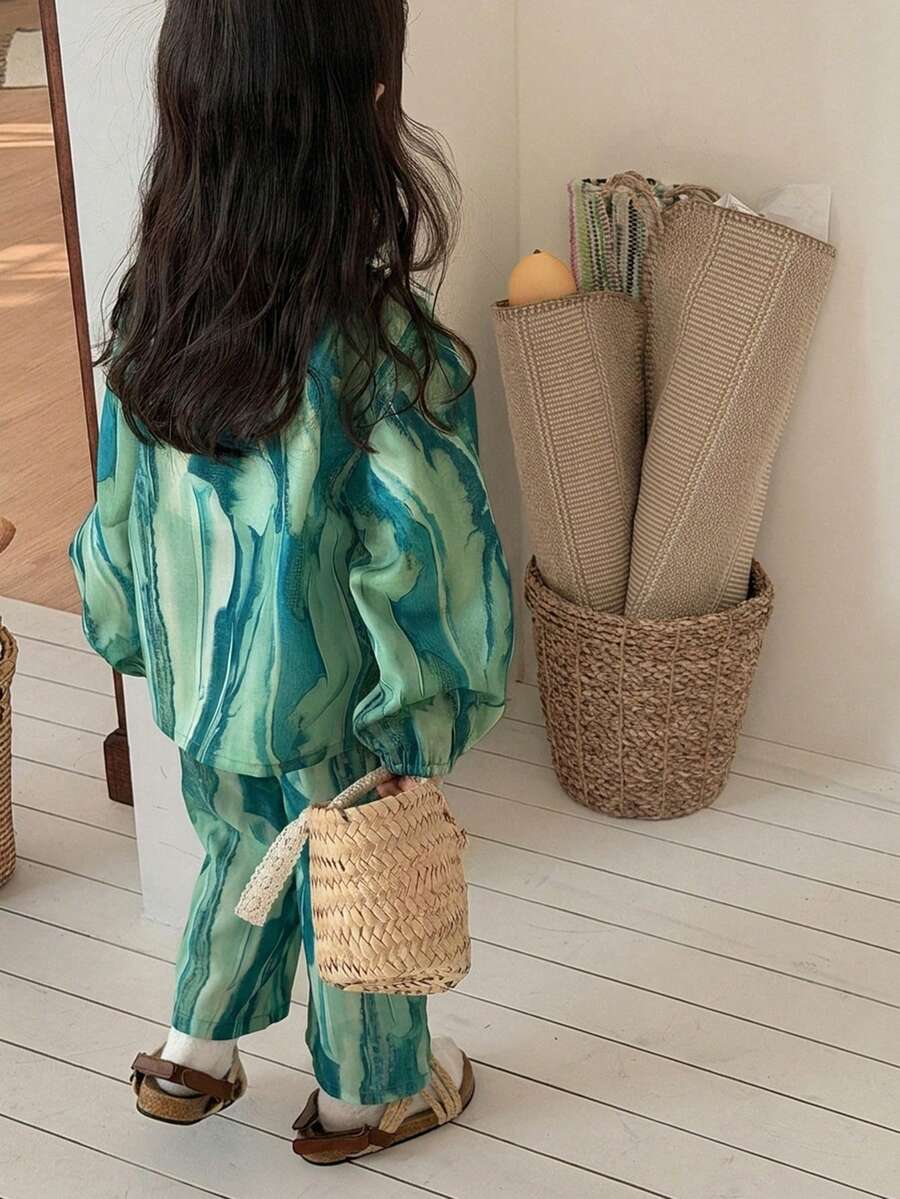 DAZY 婴幼儿女童渐变色度假风春夏韩版长袖衬衫套装 - 綠色 - 查看 1