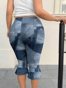 Muchica Quần legging mùa hè dáng ôm, phối màu tương phản, viền bèo nhún, cỡ lớn. - Nhiều màu - Xem 2
