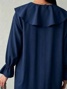 Cévolie V-Neck Ruffled Hem Loose Blouse - Navy Blue - View 2