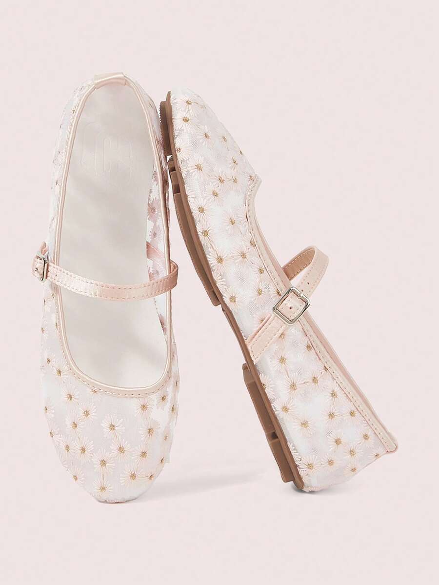 CUCCOO DOLLMOD Women's Shoes, Light Pink, Round Toe Mary Jane Flats, Flower Embroidered Mesh Yarn, Sweet And Cute, Comfortable, Soft And Breathable - Fireworks - Powder - View 1