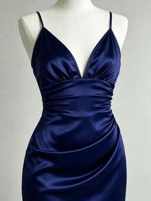 Franclia Women's Elegant Solid Satin Luxurious Spaghetti Strap Ruched Low-Cut Waist Dress - Navy Blue - View 3