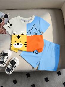 SHEIN Playful Pals 男婴可爱卡通动物拼接撞色圆领T恤和印花短裤套装，适合夏季穿着 - 彩色 - 查看 5