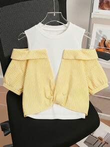 Tween Girls Striped & Solid Color 2 In 1 Shirt - Yellow - View 5