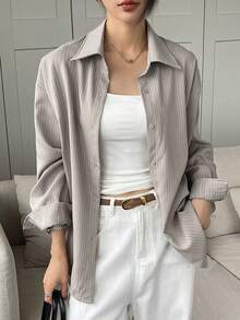 DAZY Women's Loose Striped Casual/School Shirt - Khaki - View 7