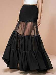 Arave Women's Chiffon Fabric With Safety Shorts, Multi-Layer Patchwork Maxi Skirt, Elegant For Party, Date - Black - View 1