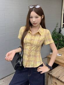 DAZY Plaid Fitted Waist Short Sleeve Collared Casual Vacation Blouse For Women Summer School - Yellow - View 6