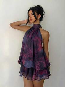 Aloruh Women's Elegant Rave Dark Purple Halter Neck Tie Mini Dress Day Party Holiday Summer, Graduation Clothing - Purple - View 5