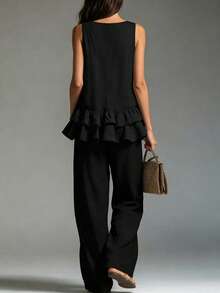 LUMIGAL Women's Solid Color Ruffle Hem Tank Top And Pants Casual Suit - Black - View 2