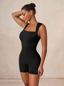 1pc Lumalex Comfortable Fabric & Fashionable Design Sexy Minimalist Solid Color Wide Strap Jumpsuit, Specially Made For Women, Suitable For Airport Outfits And Gym Workouts, Slim-Fit Style To Showcase Female Physique, Ideal Choice For Women's Gym Exercises - Black - View 7