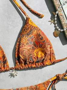 Sweetra Conjunto de bikini y calzoncillos triangulares con estampado completo, de corte sexy y con atar en el cuello para mujer, ideal para la playa en verano - Multicolor - Ver 2