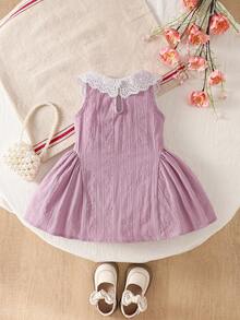 SHEIN Elladie kids 1pc Baby Girls' Elegant Lavender Polka Dot Jacquard Sleeveless Lace Collar A-Line Dress Loose Fit Summer Picnic Outfit For Daily Outings - Mauve Purple - View 3