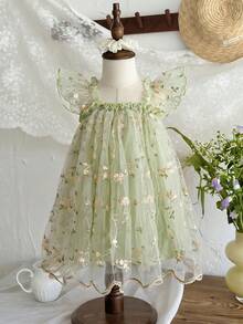 LMoss Kids 女婴纯色方领荷叶边刺绣网纱休闲连衣裙 - 彩色 - 查看 5