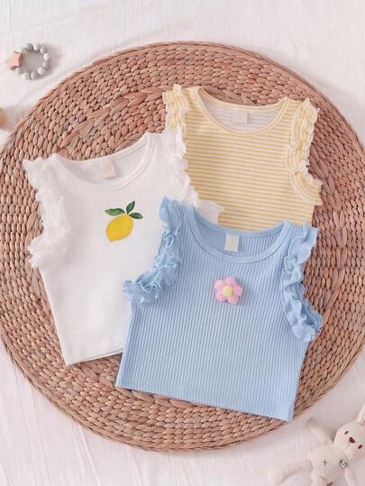SHEIN 3pcs/Set Baby Girls' Summer Casual Cute Sweet Soft Elastic Ribbed Sleeveless Top, Blue, White And Yellow With Floral Decor And Lemon Print, Suitable For 6 Months - 3 Years Old Infants & Toddlers Indoor And Outdoor Wear