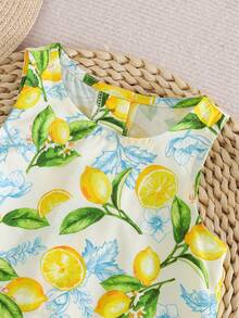 SHEIN Đầm không tay thời trang mùa hè cho bé gái, kiểu dáng thoải mái, in hình quả chanh và cây xanh, thích hợp mặc đi biển. - Màu vàng - Xem 3