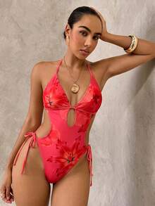Swim Glamine Áo tắm liền thân gợi cảm cổ yếm, khoét lỗ, in họa tiết hoa dành cho nữ - Nhiều màu - Xem 5