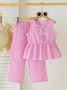 SHEIN Vintaside Kids 女童两件套，采用纹理条纹图案，粉色蝴蝶结装饰无袖上衣和阔腿裤，甜美可爱，夏季休闲装扮。 - 粉色 - 查看 5